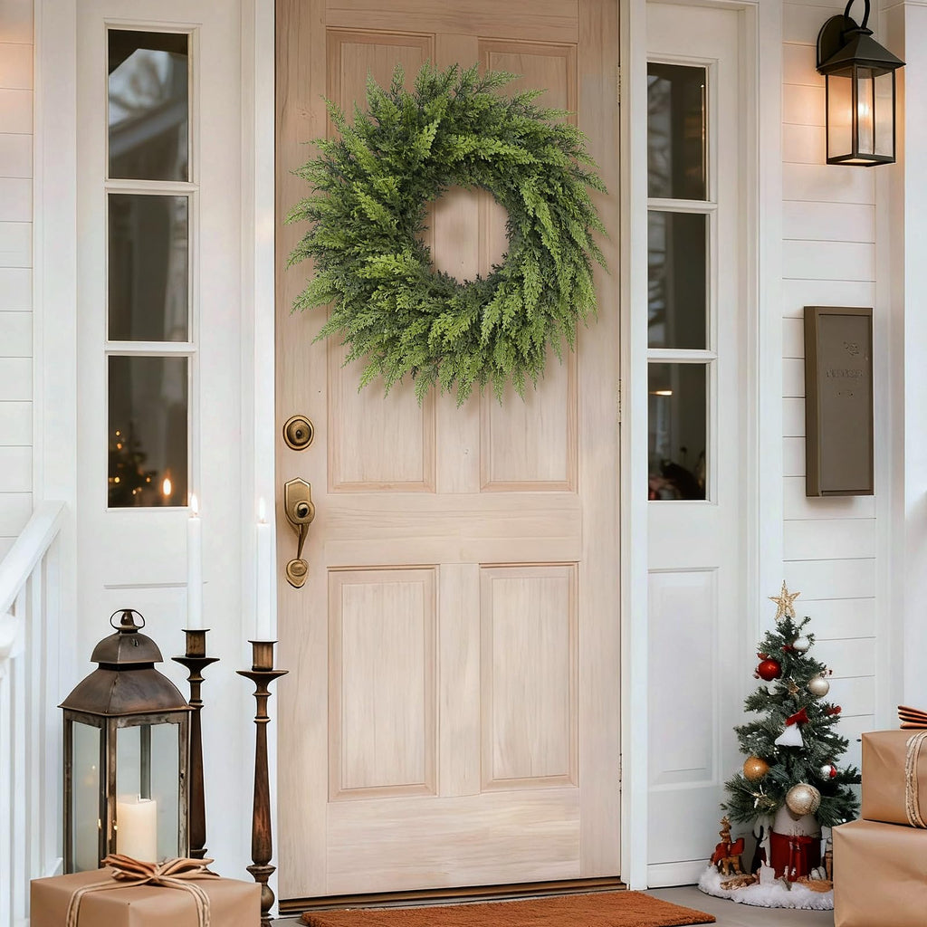 24" Soft Textured Christmas Cedar Wreath - Artificial Cedar Wreaths Faux Green Fake Pine Needles Wreath for Front Door, Wall, Windows, Home,Outdoor,Xmas Decor