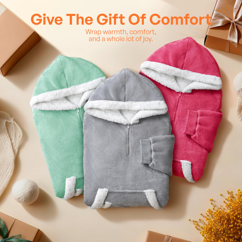 Giggling Getup Wearable Blanket Hoodie for Women Men Gifts for Women Mom Wife Sherpa Fleece Hooded Blanket Sweatshirt Warm Cozy Sherpa Wearable Throw with Pocket & Sleeves for Adult Oversize Gray
