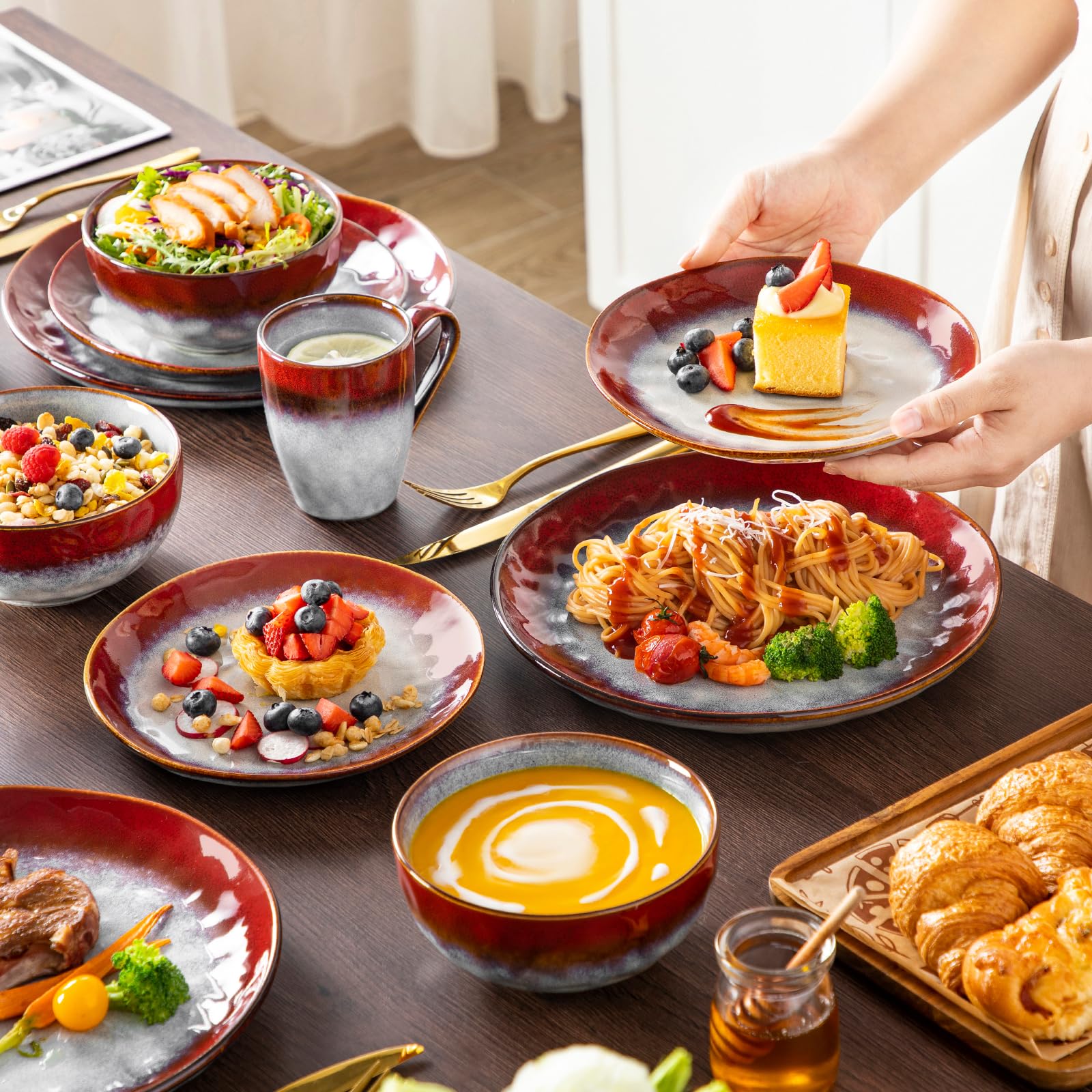 vancasso Starry 16 Pieces Dinnerware Set for 4, Handmade Reactive Glaze Stoneware Plates and Bowls Set, Dishes Set with Mugs for 4, Microwave & Dishwasher Safe, Red
