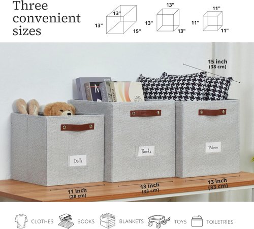DECOMOMO Storage Baskets - 13x15x13 Cube Bins with Labels for Organized Shelves | Light Grey (4-Pack)