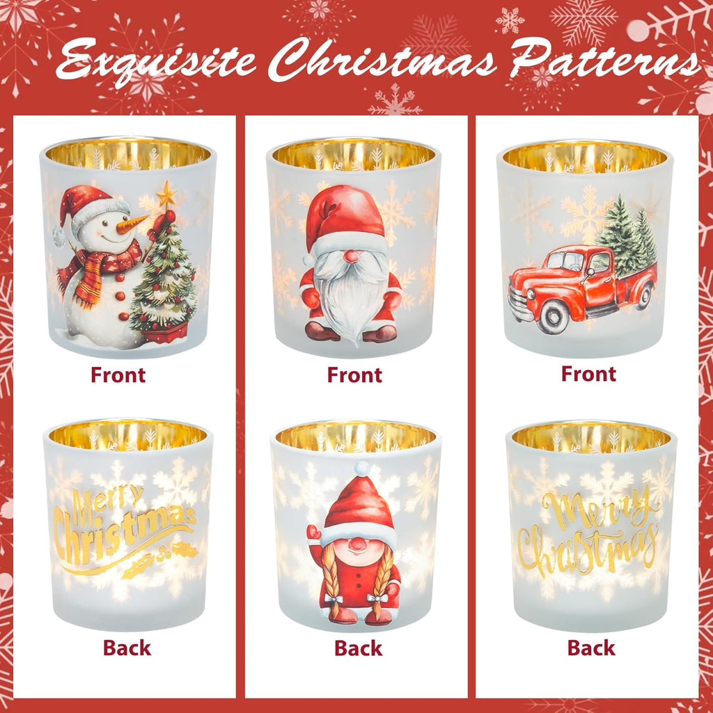 Regine Switzerland Christmas Votive Candle Holders - Set of 3 White, Gold & Red Glass for Holiday Decor | Gnome, Truck & Snowman Designs