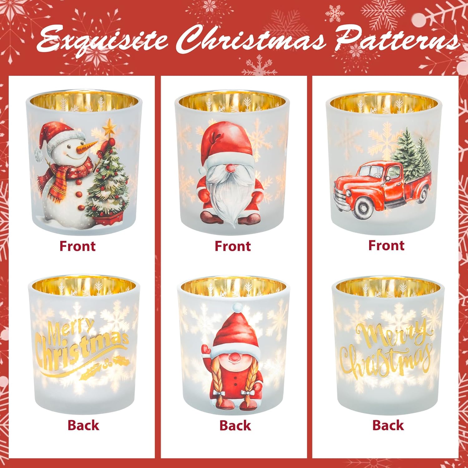 Regine Switzerland Christmas Votive Candle Holders - Set of 3 White, Gold & Red Glass for Holiday Decor | Gnome, Truck & Snowman Designs