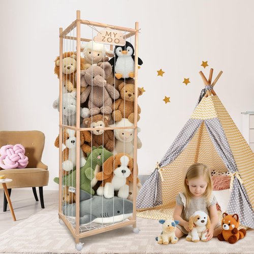 BETBEM Stuffed Animal Storage Zoo with Wheels, 64" Wooden Large Stuff Animals Plushies Holder Toy Organizer Kids Plush Storage Cage with Elastic Band and Net for Nursery Playroom Corner for Toddler