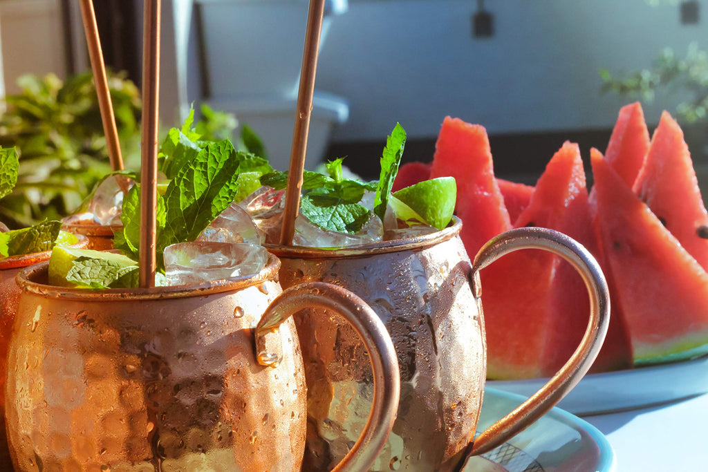 ALARUE Moscow Mule Copper Mugs Set - 4 Authentic Handcrafted 16 oz. Mugs with Accessories - Food Safe Pure Solid Copper - Gift Set with Recipe Book