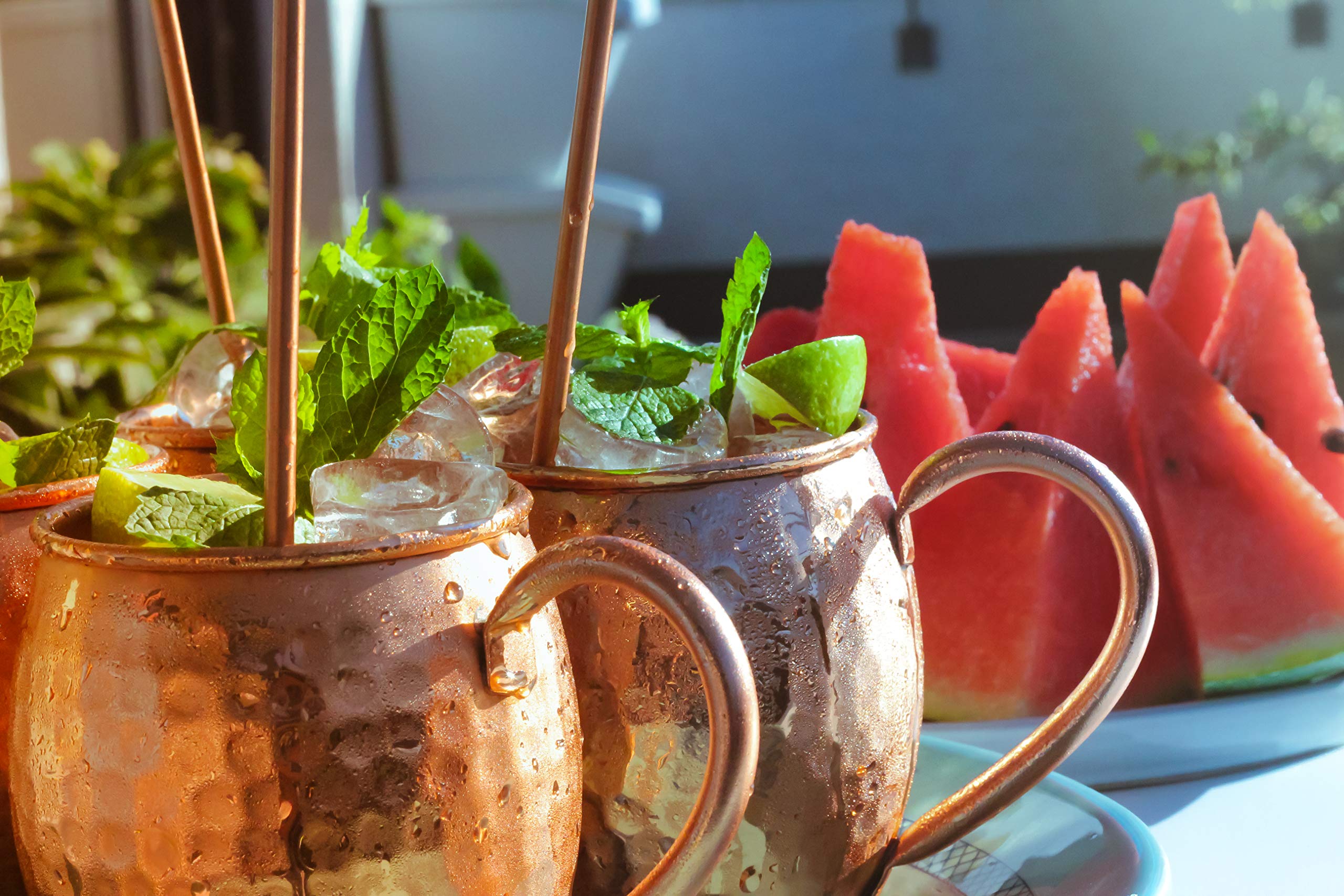 ALARUE Moscow Mule Copper Mugs Set - 4 Authentic Handcrafted 16 oz. Mugs with Accessories - Food Safe Pure Solid Copper - Gift Set with Recipe Book