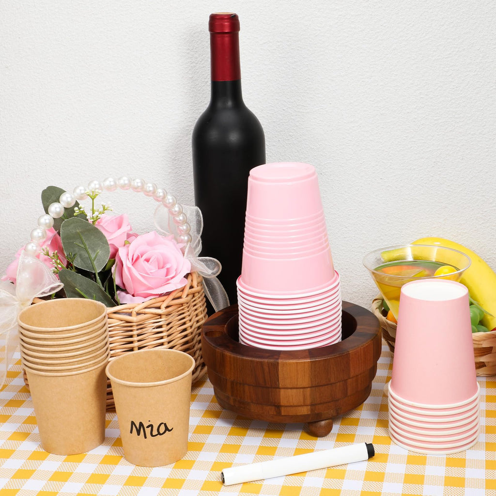 Ptwola Acacia Wood Cup Holder with Marker Slot, Disposable Paper Cup Dispenser Rustic Drink Mug Organizer Storage Box for Wedding Birthday Party Bar Kitchen Picnic Housewarming Decoration (No Pen)
