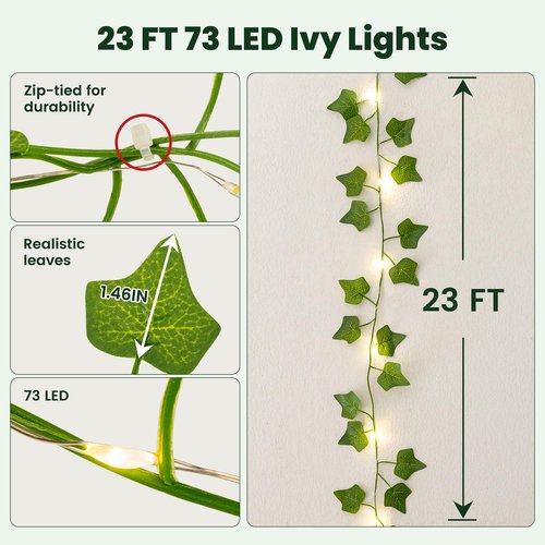 HEYFUNi Vines with Lights, 23 Ft 73 Led Fake Ivy Vines with Fairy Lights USB/Battery Operated, Leaf String Lights for Bedroom, Wall, Balcony, Wedding Decor, Warm White