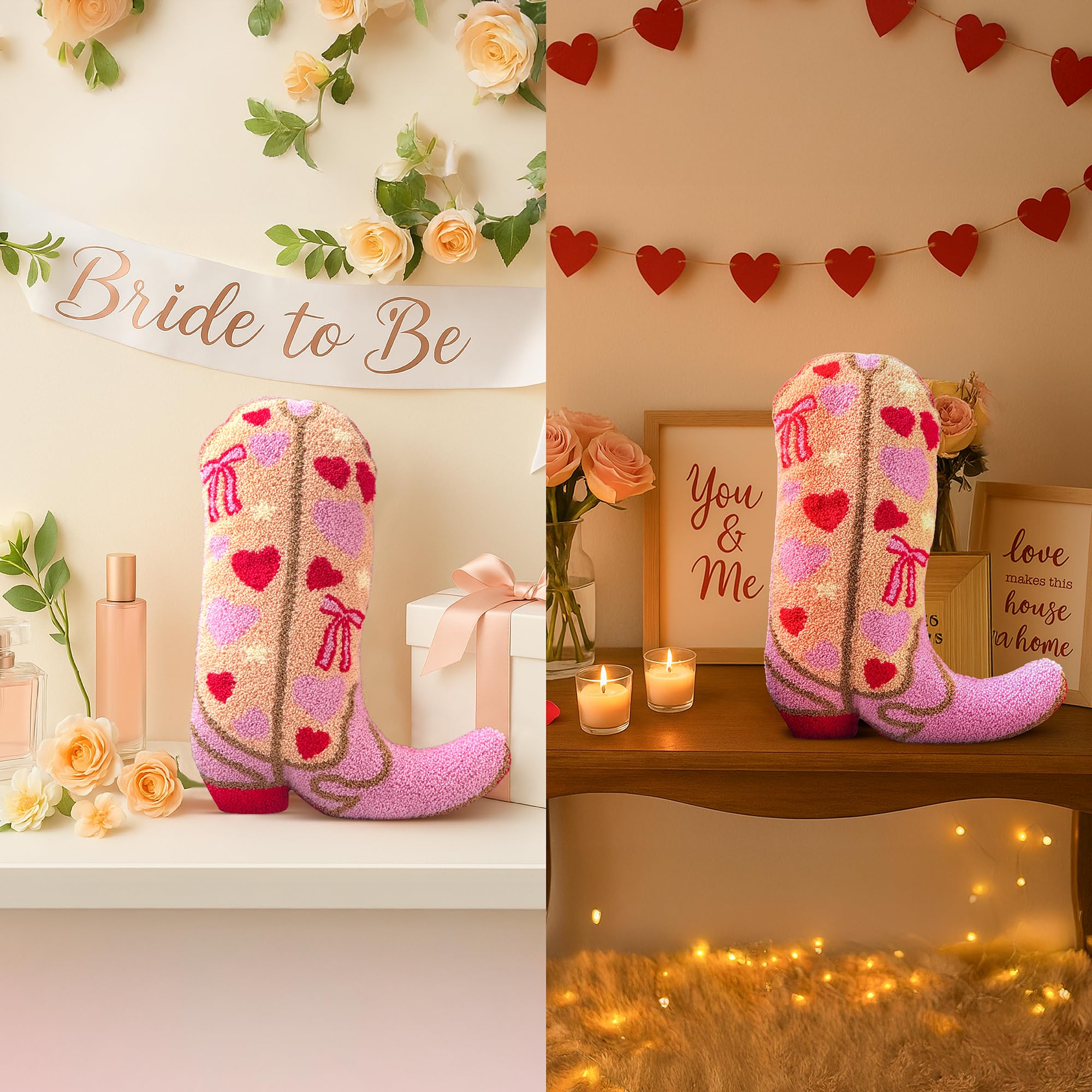 Cowgirl Boot Pillow for Pink & Preppy Aesthetic Room Decor - Textured Rodeo-Inspired Cowgirl Pillow with 3D Embroidered Pink & Red Hearts & Bows Design - Western Throw Pillows for Boho Decor