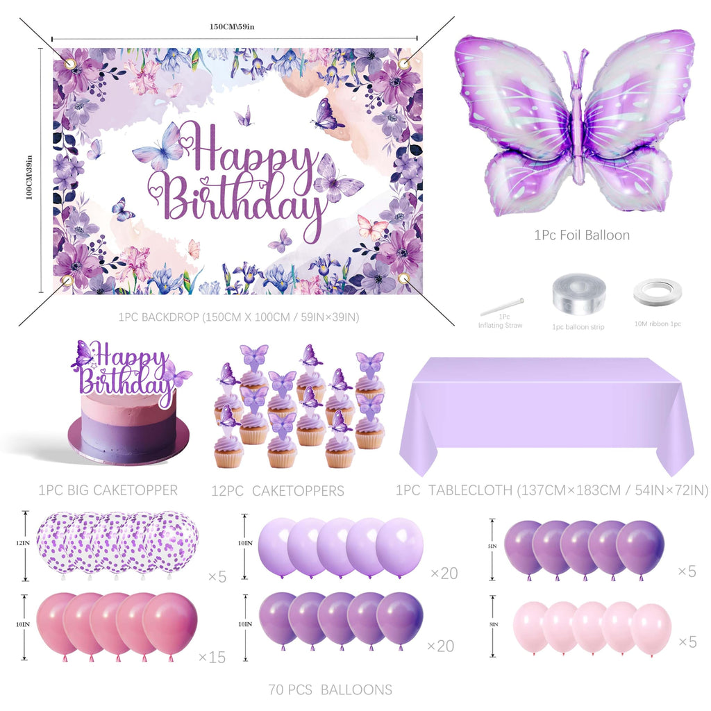 Purple Butterfly Birthday Decorations Balloon Arch Kit - Glitter Butterfly Party Supplies with Garland, Backdrop, Centerpieces for Women Girls Birthday Party Decor