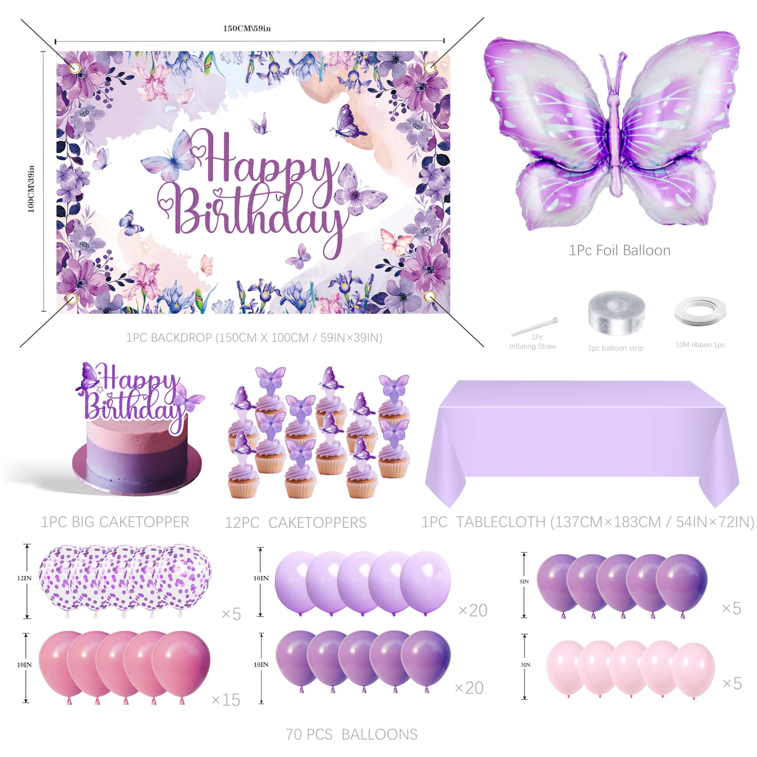 Purple Butterfly Birthday Decorations Balloon Arch Kit - Glitter Butterfly Party Supplies with Garland, Backdrop, Centerpieces for Women Girls Birthday Party Decor