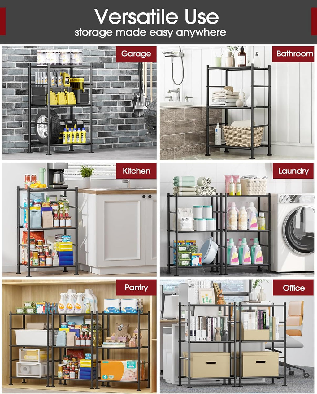 Sakugi Storage Shelves - Sturdy 3-Tier Metal Organizer with Adjustable Feet | Space-Saving for Pantry, Laundry, Kitchen (18" x 12" x 30", Black)
