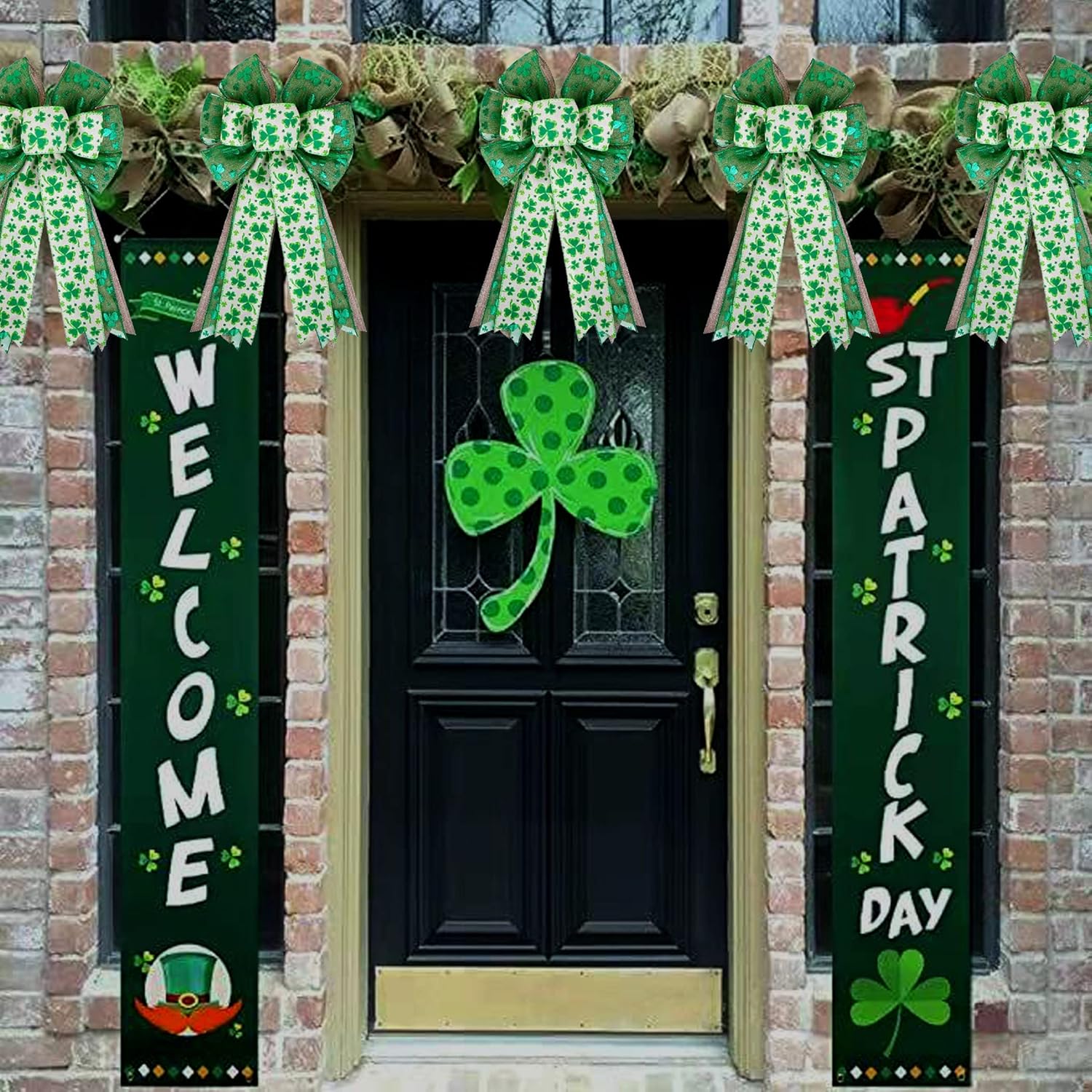 Skiennix St. Patrick's Day Bow - Large Burlap White & Green Glitter Shamrock Wreath Decoration