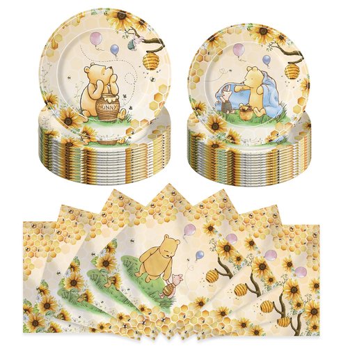 150pcs Baby Shower Decorations Boys Classic Bear Plates Napkins Boy Paper Disposable Dessert Plates Tableware Set for Newborn Kids Birthday Party Decorations Serves 50 Guests (Yellow)