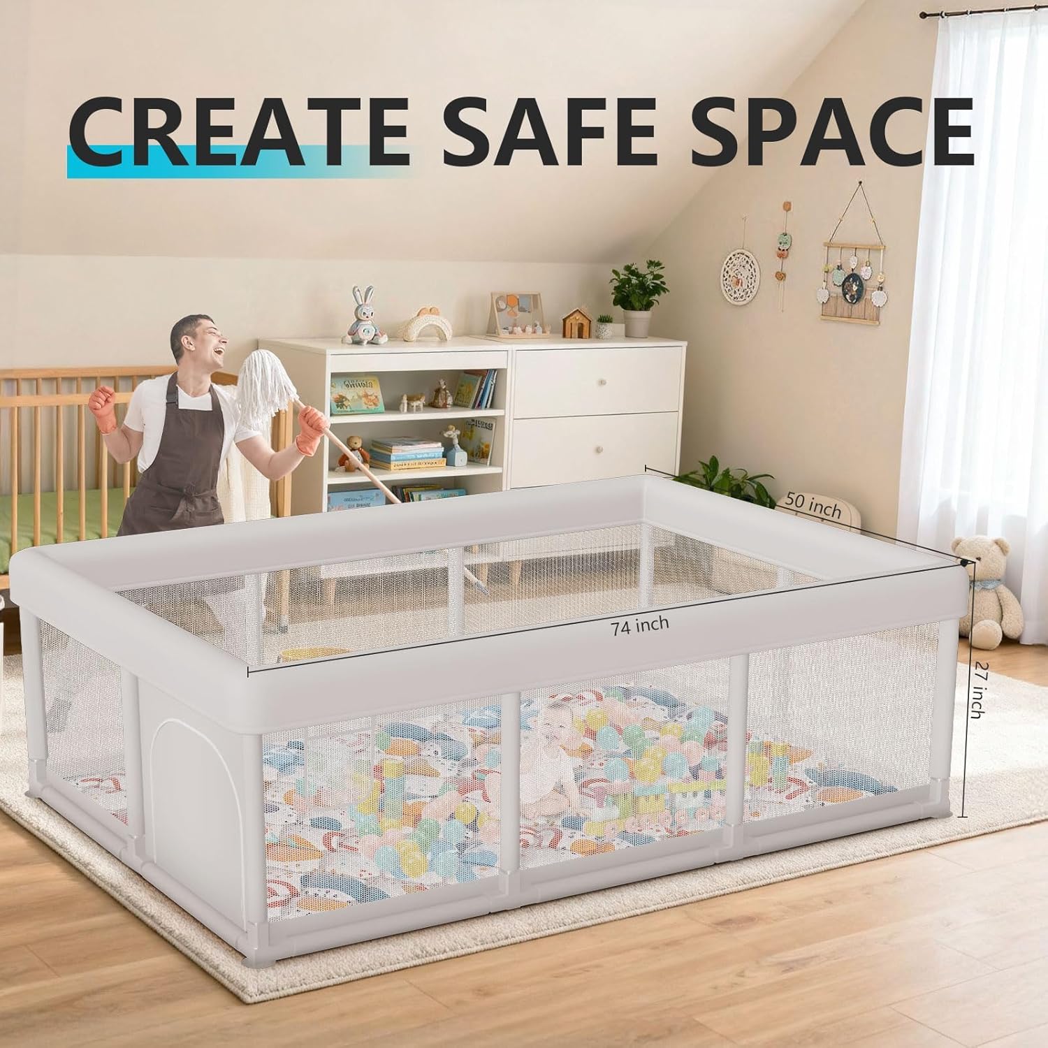 Regine Switzerland Baby Playpen - Large 74"x50" Indoor & Outdoor Play Yard with Zipper Gates & Breathable Mesh