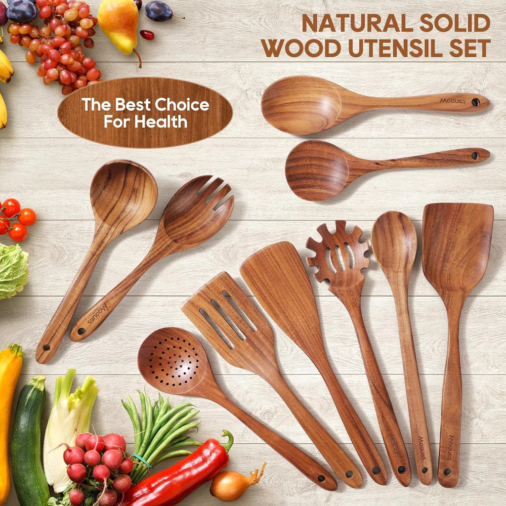 Skiennix Wooden Spoons Set - 10PCS Teak Cookware Utensils with Hooks | Smooth Finish & Heat Resistant