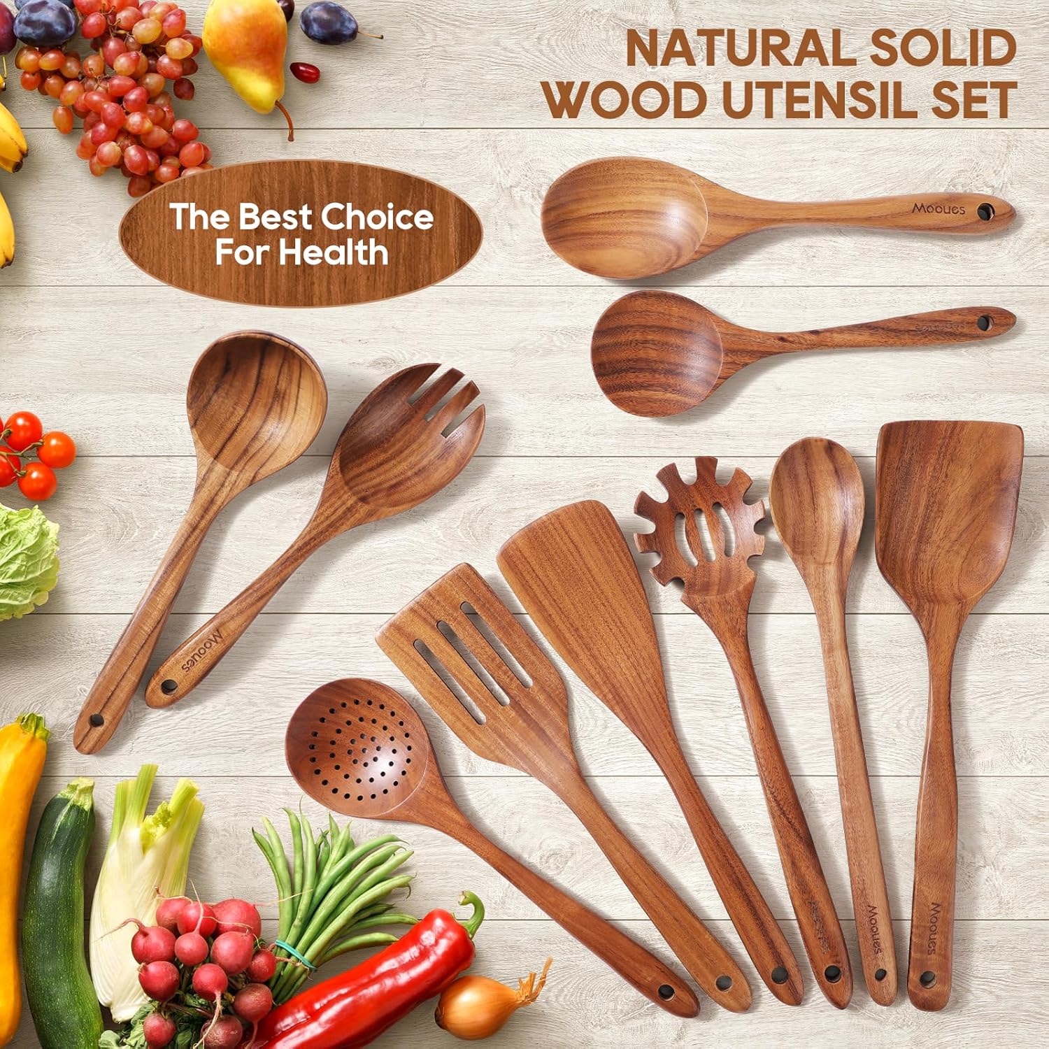 Skiennix Wooden Spoons Set - 10PCS Teak Cookware Utensils with Hooks | Smooth Finish & Heat Resistant