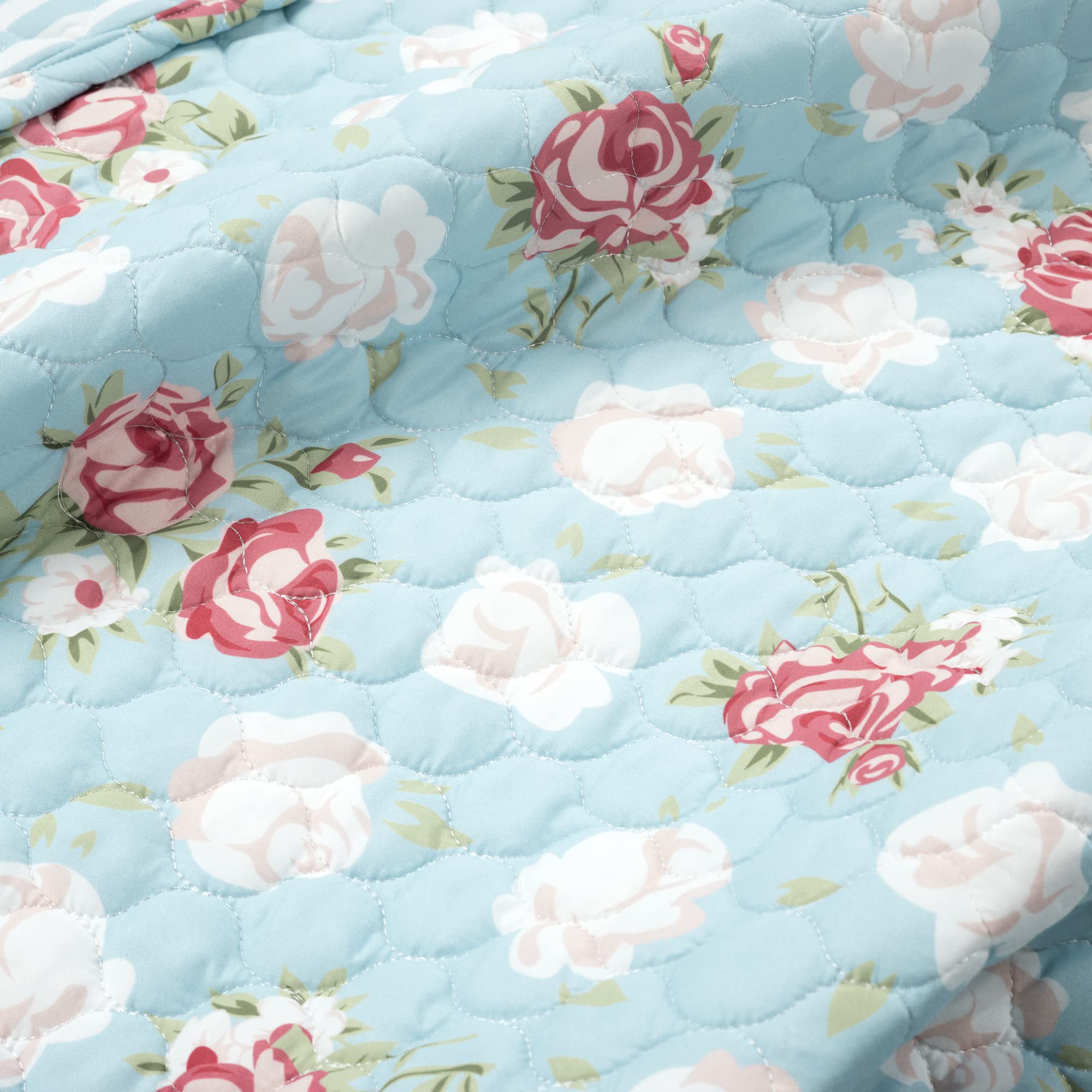 Lush Decor Cottage Core Floral Ruffle Reversible Oversized 3 Piece Quilt Set, King/Cal King, Blue & Blush