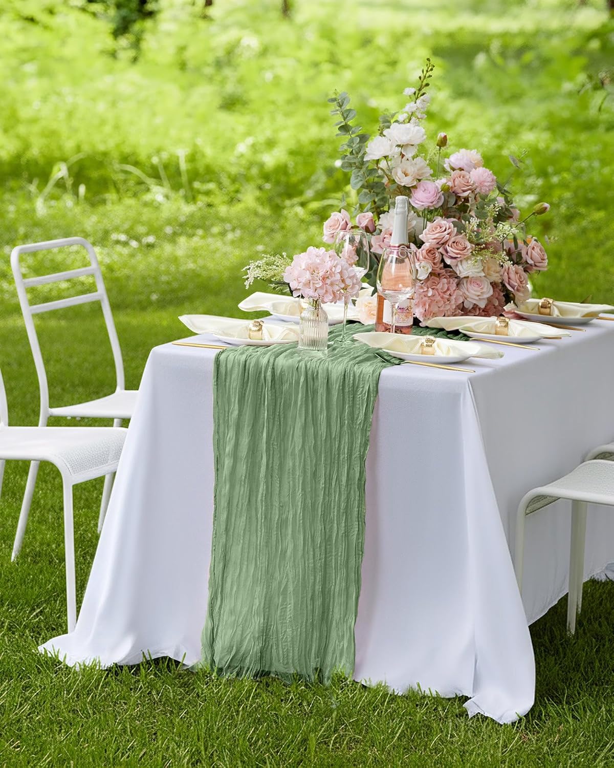 Pureegg Cheesecloth Table Runner - 120'' Sage Green Boho Decor for Easter, Weddings & Parties