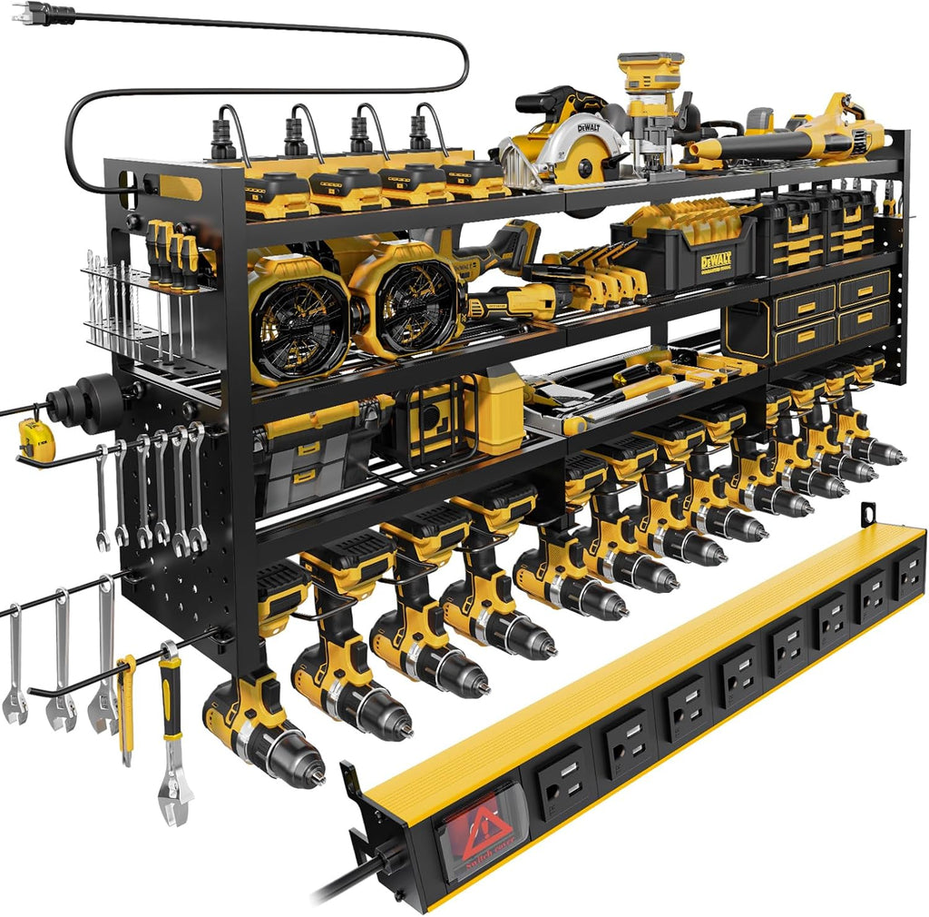 Power Tool Organizer Wall Mount - 8-Outlet Charging Station | Heavy-Duty Garage Storage Rack with Cordless Drill Holder
