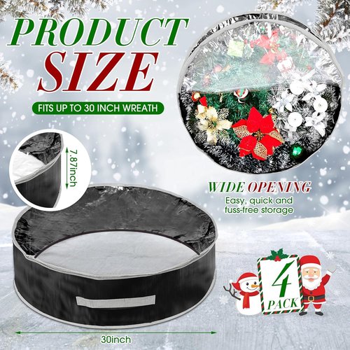 4 Pcs Christmas Wreath Storage Bag - Durable Container with Clear Window & Zipper | 30" Black