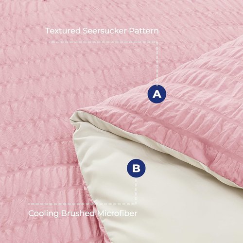 HYMOKEGE King Size Comforter Set - 7-Piece Seersucker Luxury Bedding in Pink/Ivory for All Seasons