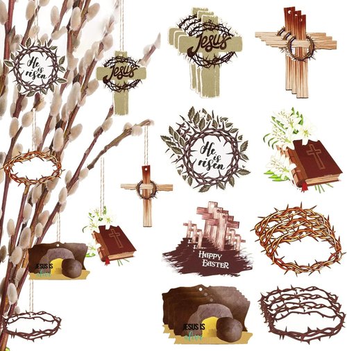 24 Piece Easter Day Hanging Ornaments - He Is Risen Wooden Signs & Jesus Cross Decor