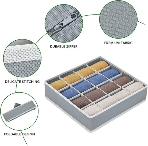 Homsorout Sock Organizers - Large Foldable Drawer Storage for Men's Socks & Underwear | 4 Pack (Grey)