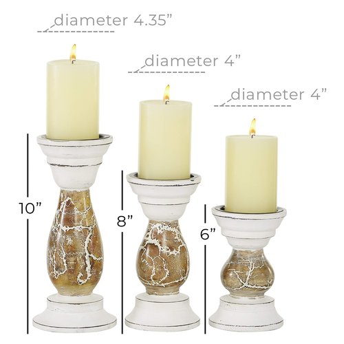 Deco 79 Wood Abstract Candle Holder, Set of 3 6", 8", 10"H, Beige