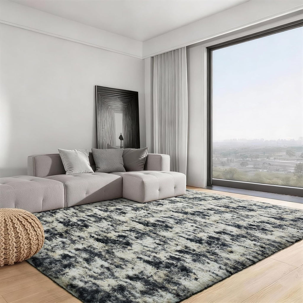 Ophanie Area Rugs - Black, Gold & Grey Fluffy Shag Carpet for Living Room | 9x12 Soft Plush Design