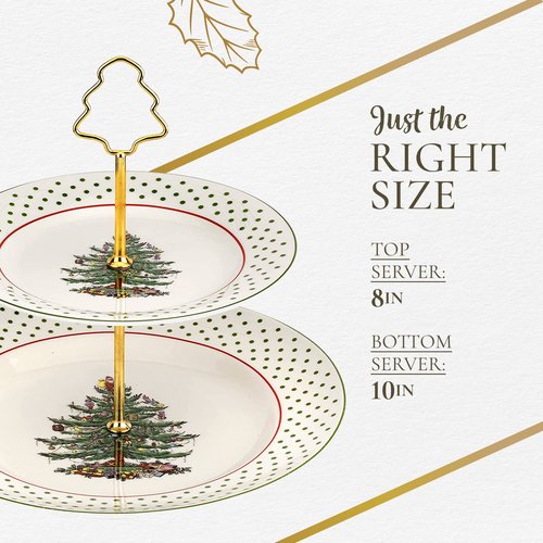 Spode Christmas Tree 2-Tiered Server (8" & 10") - Polka Dot Tiered Tray for Serving Food, Cake, Desserts, Holiday Treats, Festive Tableware with Gold Handle, Durable Stoneware - Dishwasher Safe