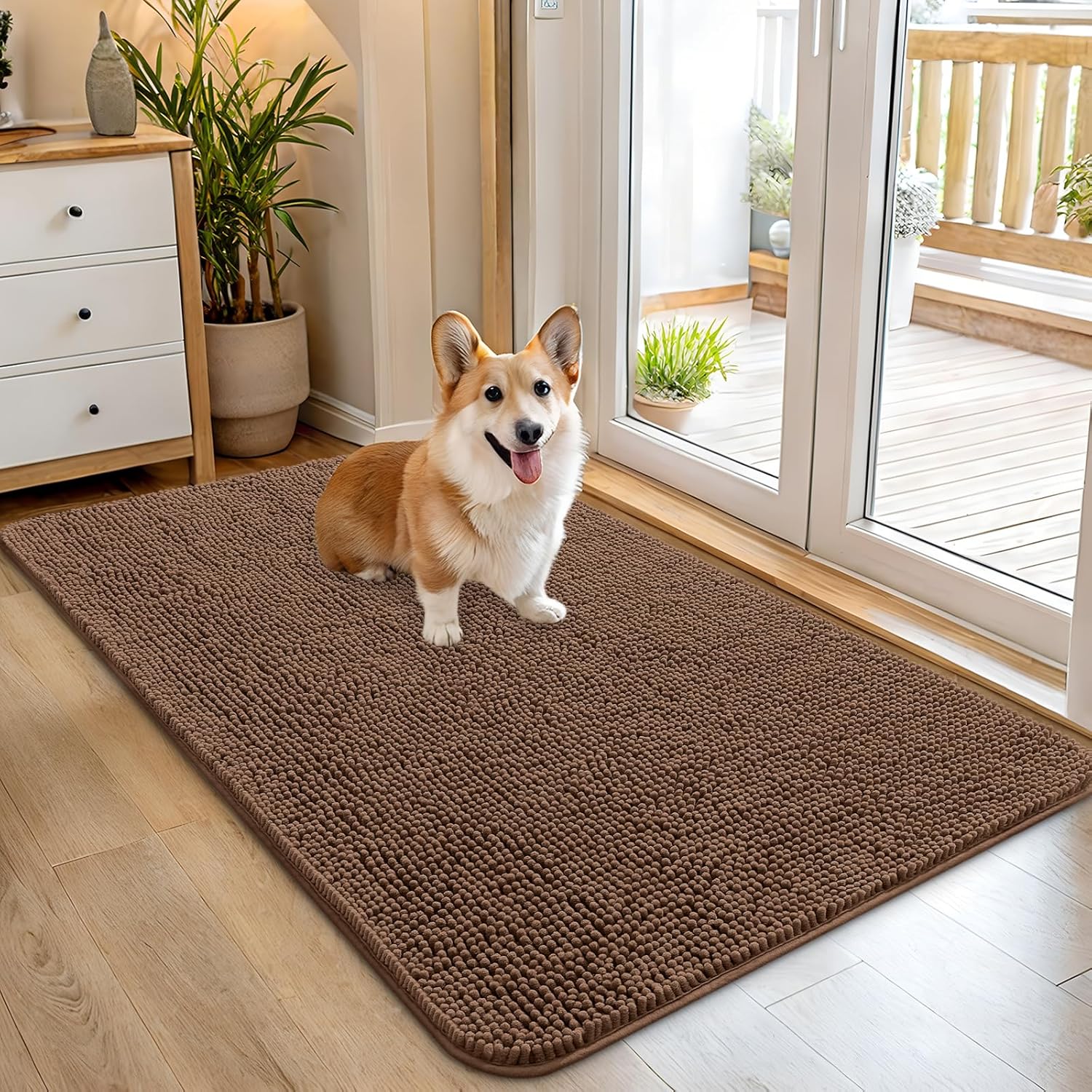 OLANLY Dog Door Mat - Absorbent Non-Slip Chenille for Muddy Paws | 45x27 Mocha Indoor Entryway Carpet