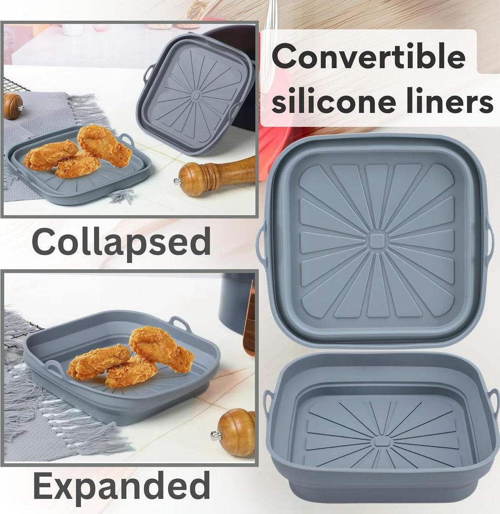 SAMIA 8 Inch Silicone Air Fryer Liners Set - 4 Piece Non-Stick, Dishwasher Safe Accessories with Basting Brush & Food Tong