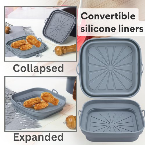 SAMIA 4 Piece Reusable Air Fryer Liners Set | 8 Inch Silicone Air Fryer Liners with Collapsible Design, Basting Brush, and Food Tong – Non-Stick, Dishwasher Safe, Air Fryer Accessories for Cooking