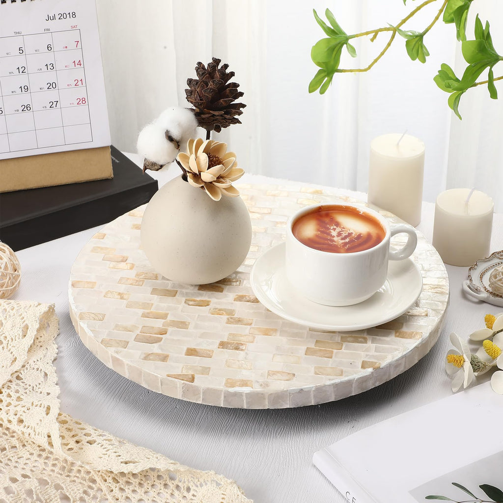 Reallnaive Mother of Pearl Lazy Susan for Table Turntable Organizer Wood Round Spinning Tray Rotating for Kitchen Cabinet Counter Spice Pantry 12 Inch (Marble Pattern)