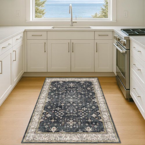 Boho Washable 4x6 Entryway Rug - Non-Slip Geometric Area Rug for Living Room & Office | Ultra Soft Black & Multi