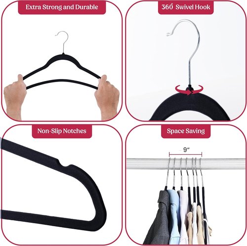 LDC Black Velvet Hangers - Premium Non-Slip Felt Clothes Hangers | 30 Pack with 360° Swivel Hook - Black