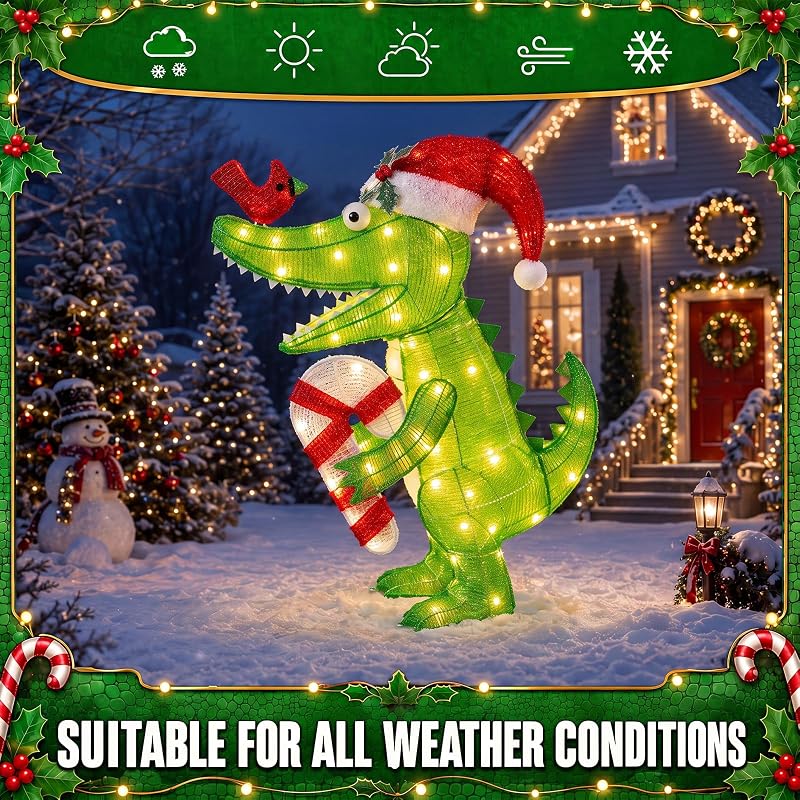 Christmas Lighted Alligator Yard Decoration with Santa Hat - 26.7in Outdoor Crocodile