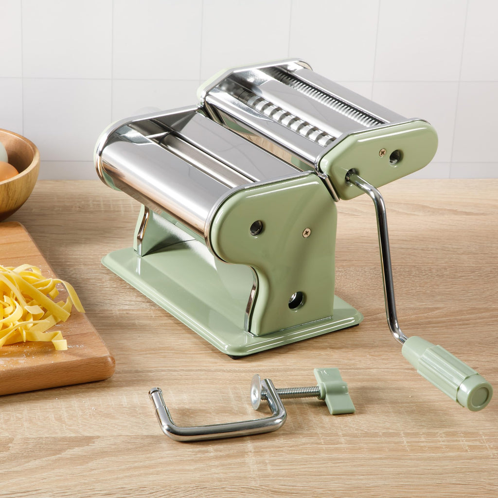 Sur La Table Kitchen Essential Va Bene Manual Pasta Maker Machine Noodle Maker w/Rollers & Cutters - Spaghetti, Fettuccini, Lasagna or Dumpling Skin - Stainless Steel/Juniper Green