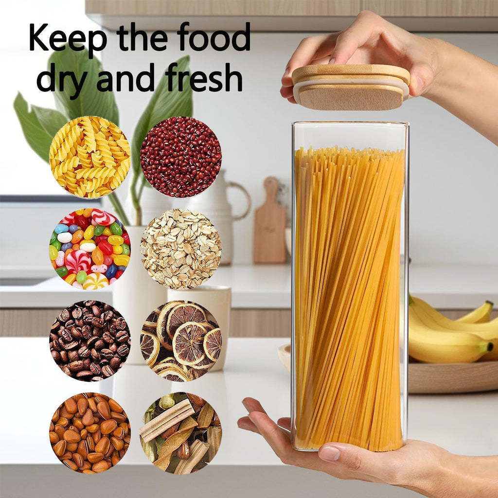 VIEWELLD 2.2 Qt Square Glass Storage Containers with Lids, Clear Food Storage Container Jar with Sealing Bamboo Lid Storage Containers for Pasta, Oats, Coffee, Flour, Sugar, Square Set-3Pack