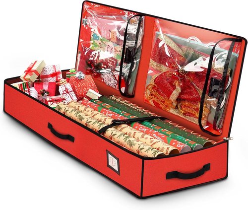 HikooLSS Wrapping Paper Organizer - Heavy Duty 600D Tear-Proof Storage Container for Christmas Gifts | Red