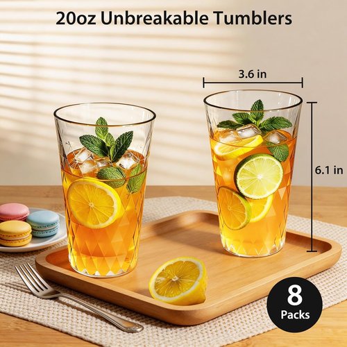 Freshmage 20 oz Unbreakable Plastic Drinking Glasses - 8 Pack, BPA Free, Microwave Safe, Stackable Tumblers for Home & Outdoor Use