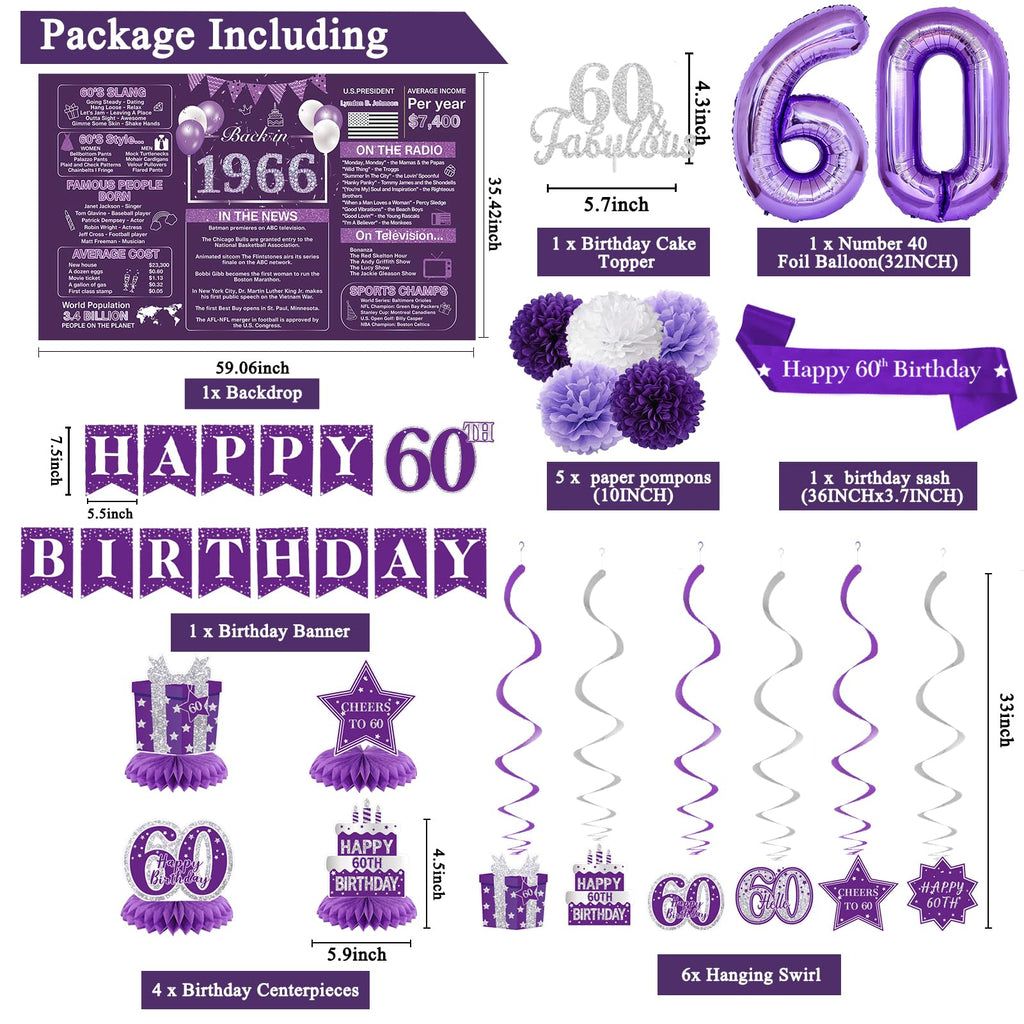 Crenics Purple 60th Birthday Decorations for Women - Back in 1966 Backdrop, Banner, Swirls, Centerpieces, Sash, Paper Pom Poms, Cake Topper and Balloons for 60 Birthday Party Supplies