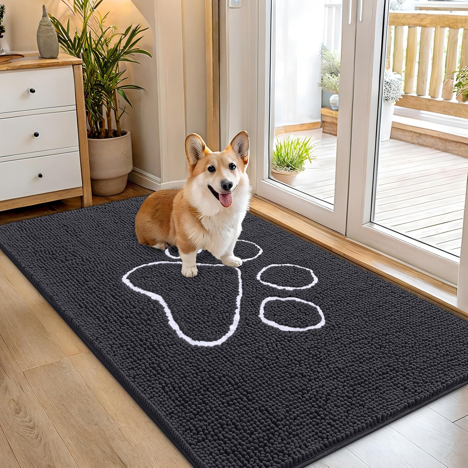 OLANLY Dog Door Mat - Absorbent Non-Slip Mud Mat for Muddy Paws | 54x32 Dark Grey Chenille Design