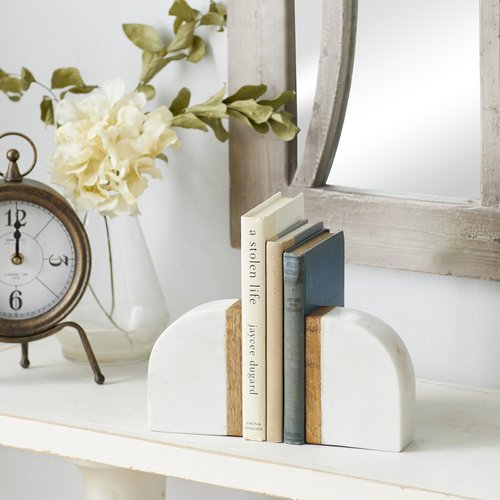 Deco 79 Marble Decorative Bookends 5 lbs Non Skid Bookends with Wood Details, Set of 2 Office Bookends4"W, 5"H, White