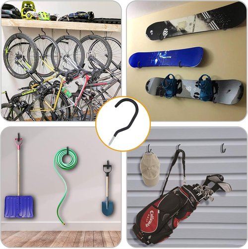 KURUI Heavy Duty Screw-In Hooks - 12 Pack Bicycle Storage Hooks for Garage & Ceiling - Large Black
