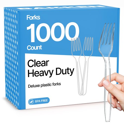 Bakken Disposable Cutlery Set 1000 Pieces Forks, Heavy Duty Plastic Silverware, BPA-Free Food-Grade Materials, Heat-Resistant, Reusable Utensils for Parties, Catering, BBQs, and Everyday Use, Clear