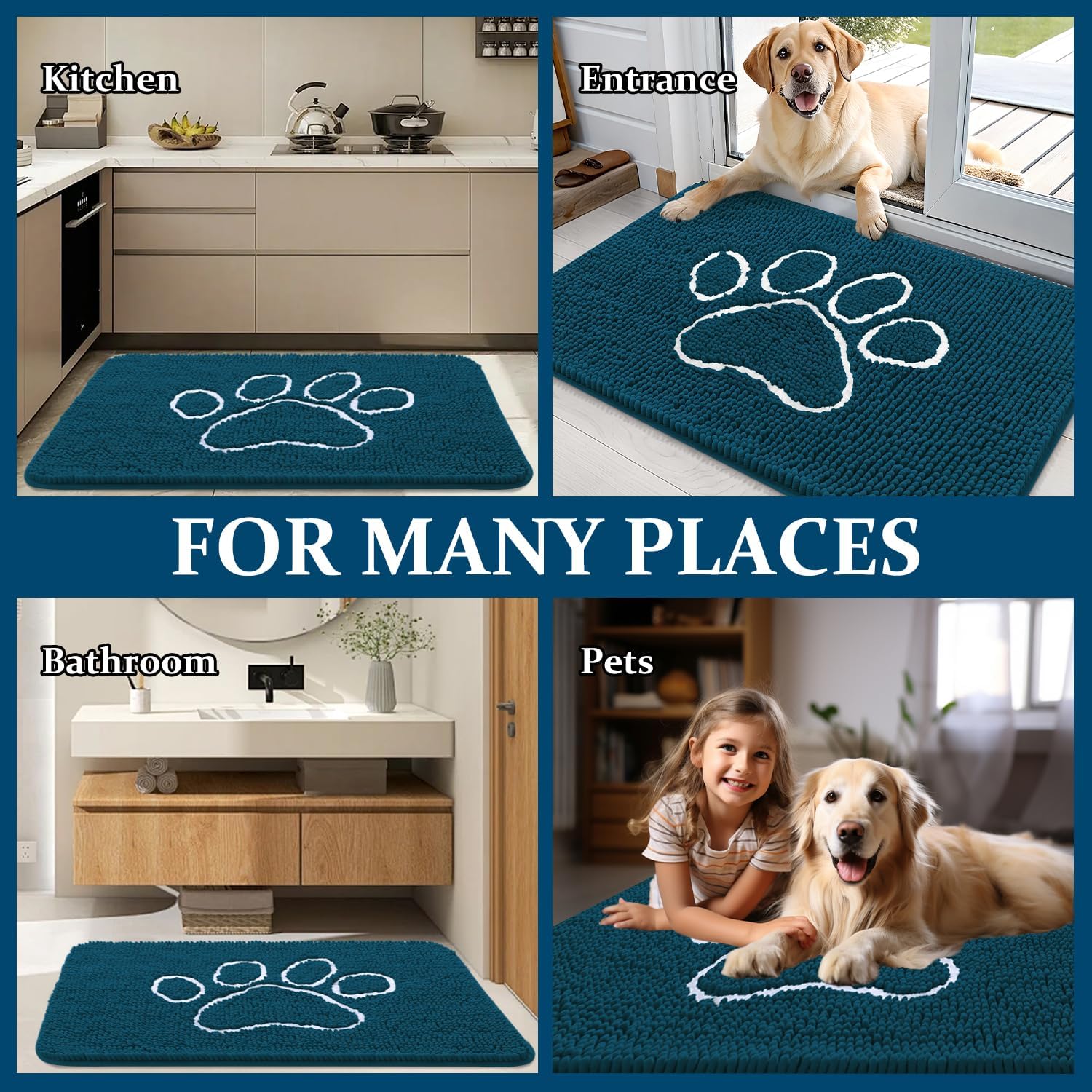 OLANLY Dog Door Mat - Absorbent Non-Slip Mud Mat for Muddy Paws | Quick Dry Chenille, 70x46, Atlantic Blue