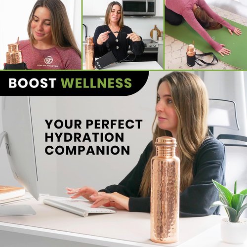 Kamojo Copper Water Bottle for Drinking - Hammered 100% Pure Copper Tumbler Cup with Leak Proof Lid, Removable Insulating Sleeve & Straw - Handcrafted Ayurvedic Cup for Water 32 fl oz