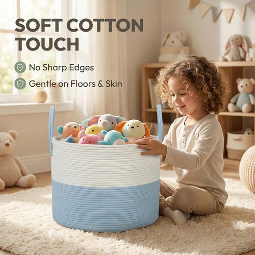 JMvicyroam 65L Extra Large Blanket Basket - Woven Cotton Rope Laundry Hamper with Reinforced Handles | Machine Washable, White & Blue