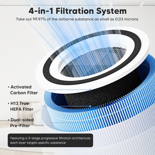 LEVOIT Core 300 Smoke Remover Replacement Filter - 4-in-1 High Efficiency Activated Carbon, 2 Pack, Blue
